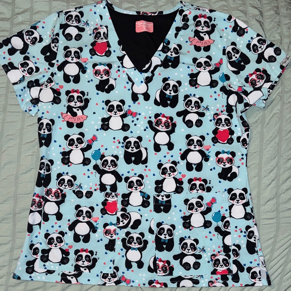 Panda & Hearts Print Women's Scrub Top